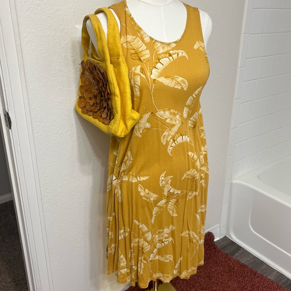 Gold yellow mustard tropical shirt dress tank palm leaves nature earthy beach